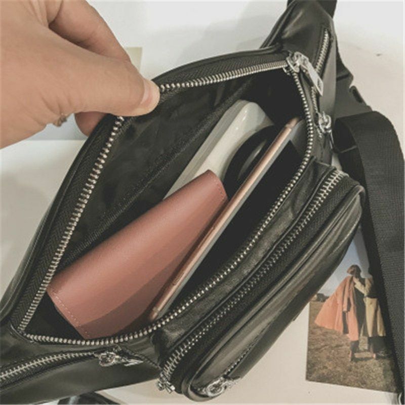 Black Fanny Pack Across Chest Faux Leather Waist Belt Bag with Chain