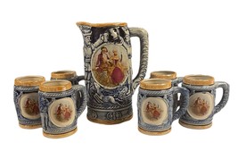 Vintage Blue Ceramic Pitcher with 6 Matching Mugs Featuring A Victorian ... - $64.35