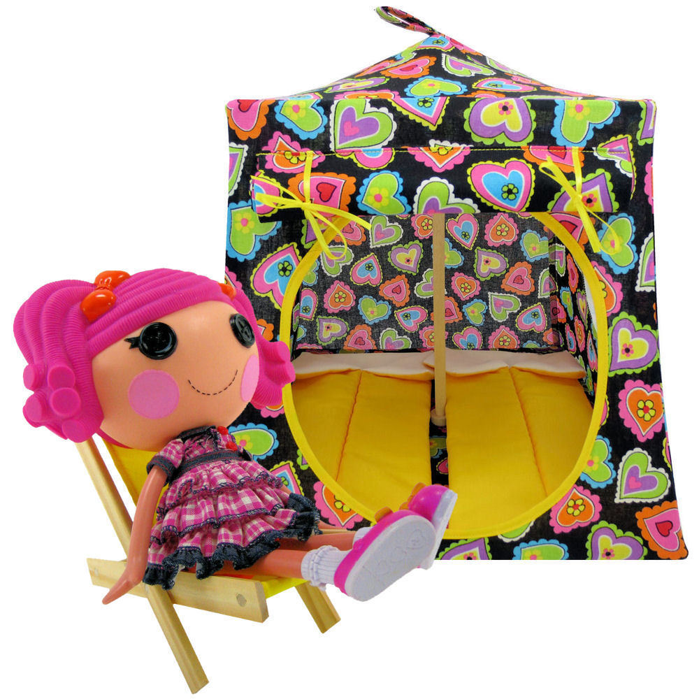 Black Toy Pop Up Doll, Stuffed Animal Tent, 2 Sleeping Bags, Heart Print Fabric - $24.95