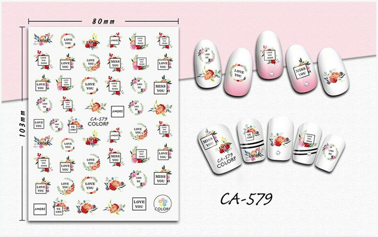Nail art 3D stickers decal love pink flowers miss you love you amore CA579