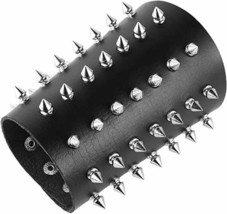 Unisex Black Metal Spike Studded Punk Rock Biker Wide Strap Leather Bracelet (Sp