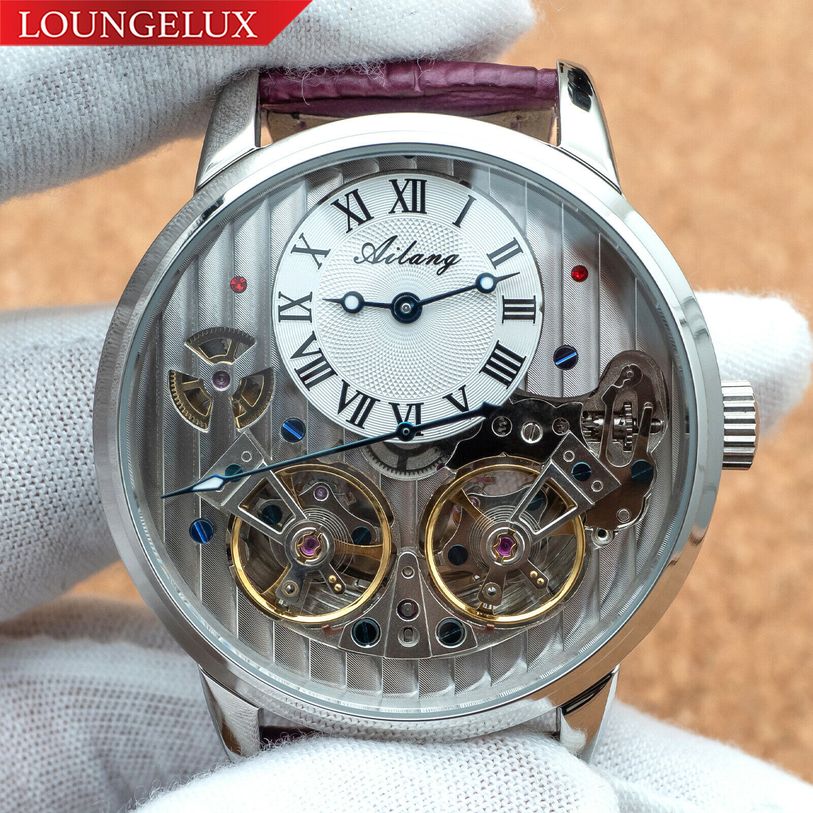 Mens Double Flywheel Skeleton Automatic Mechanical Leather Watch Silver