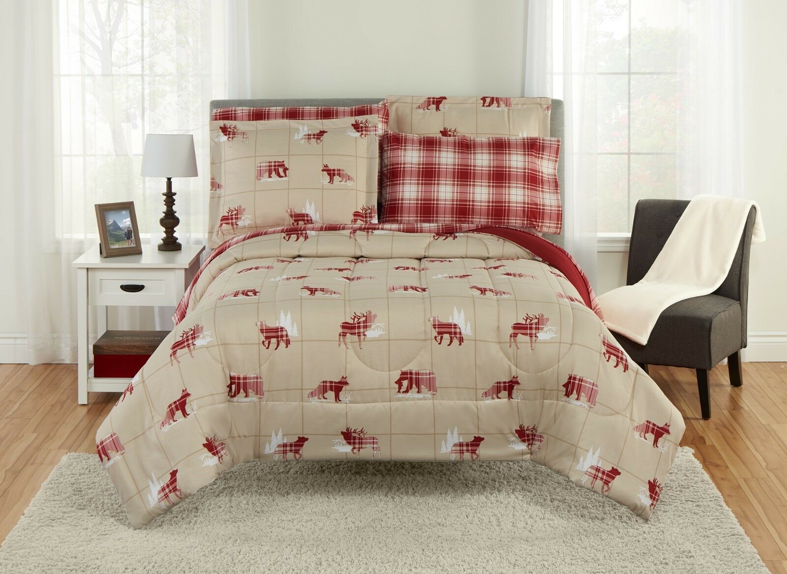 Tan Red Rustic Lodge Cabin Bear Moose Comforter Set w/ Sheets Bedding