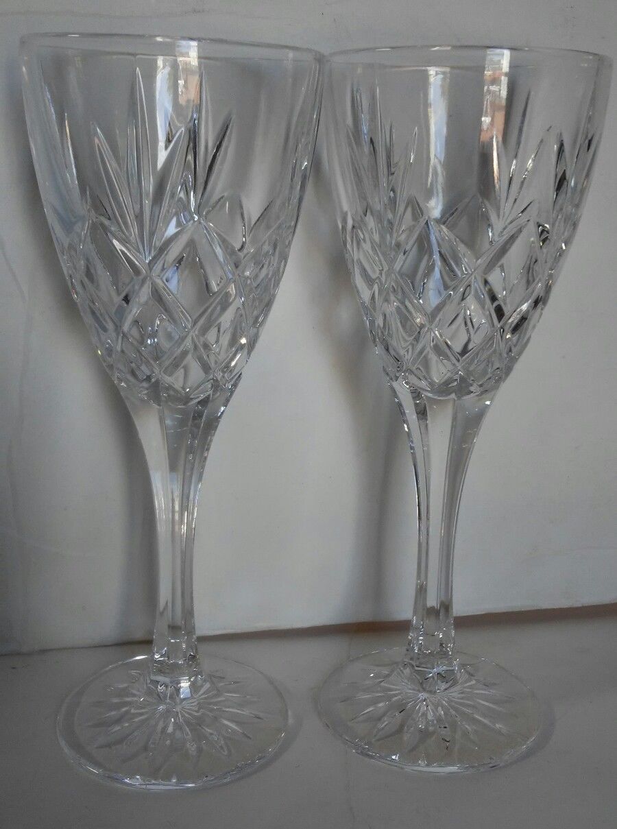 Lead Crystal Wine Glasses Criss Cross Fan Set of 2 Heavy Crystal