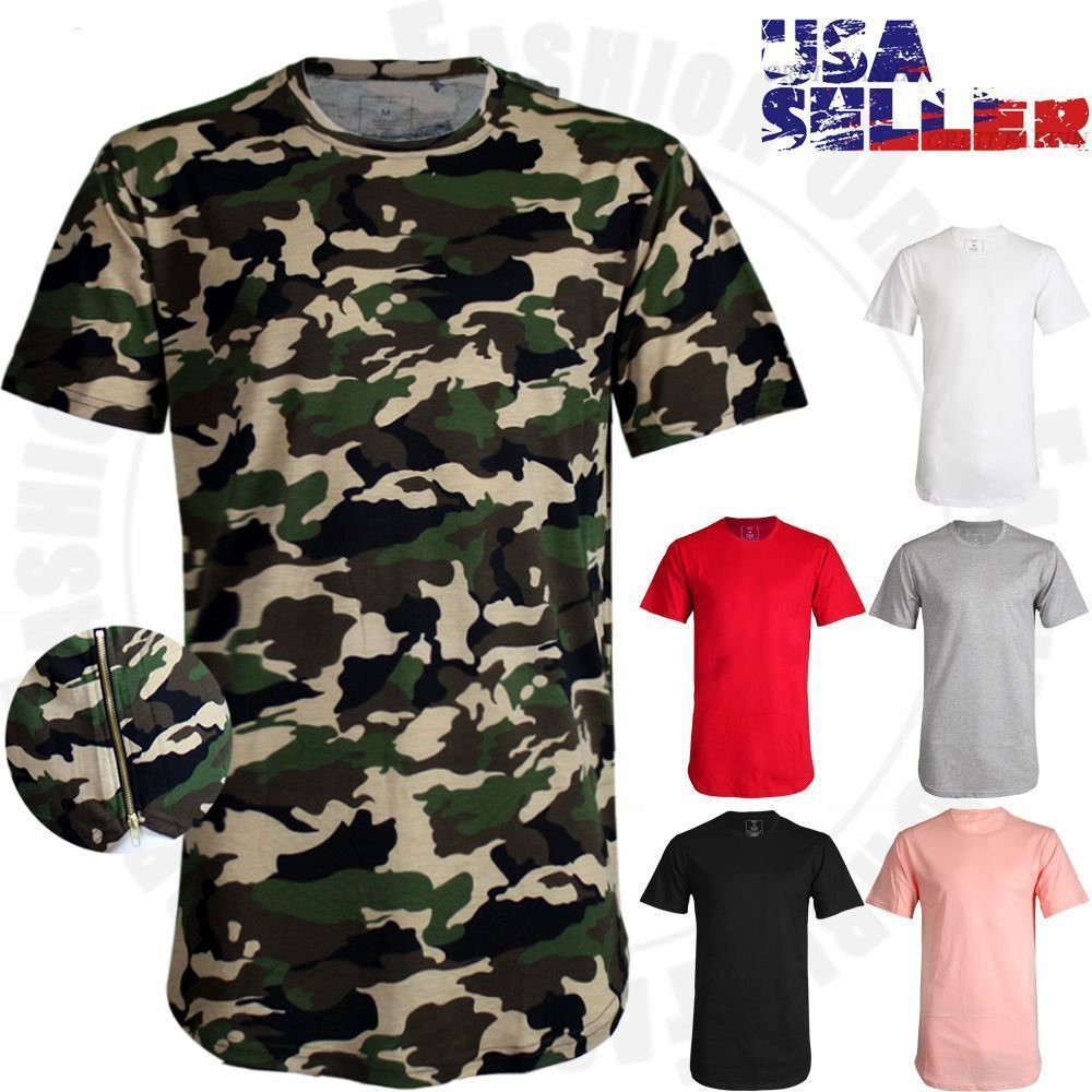 Image of Mens T Shirts Long Extended Crew Neck HipHop Fashion Elongated Tee Casual Zipper