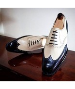 Handmade Men&#39;s Wing Tip Brogue Style White And Black Leather Oxford Shoes - $149.99