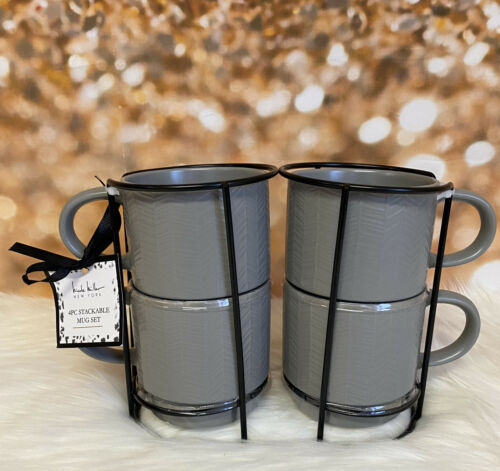 Primary image for Nicole Miller Gray Stackable Ceramic Mugs With Metal Stand Free Shipping