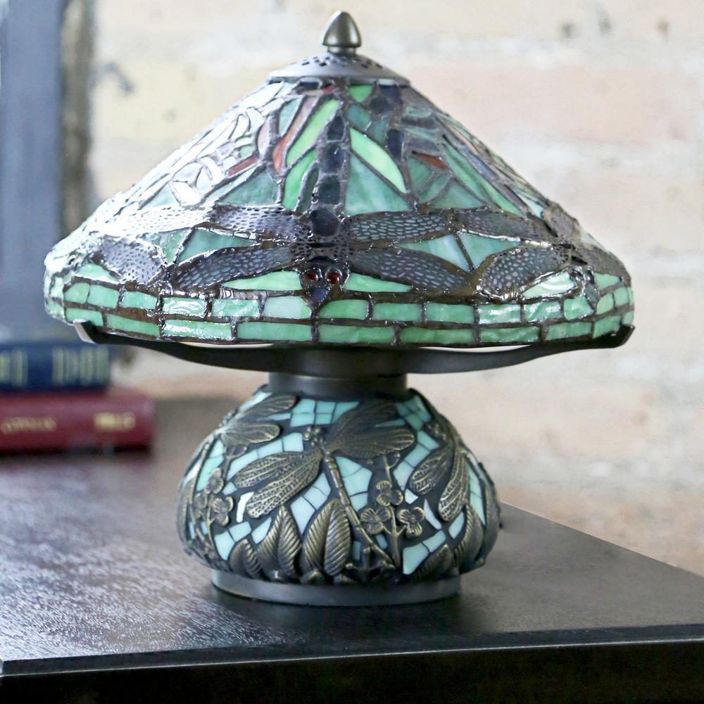 10 In. Green Table Lamp With Stained Glass Shade And Mosaic Base - Lamps