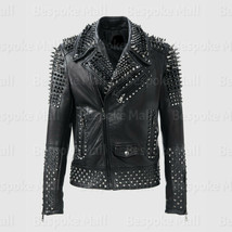 New Men&#39;s Full Black Silver Studded Brando Cowhide Motorbike Leather Jac... - $293.54+