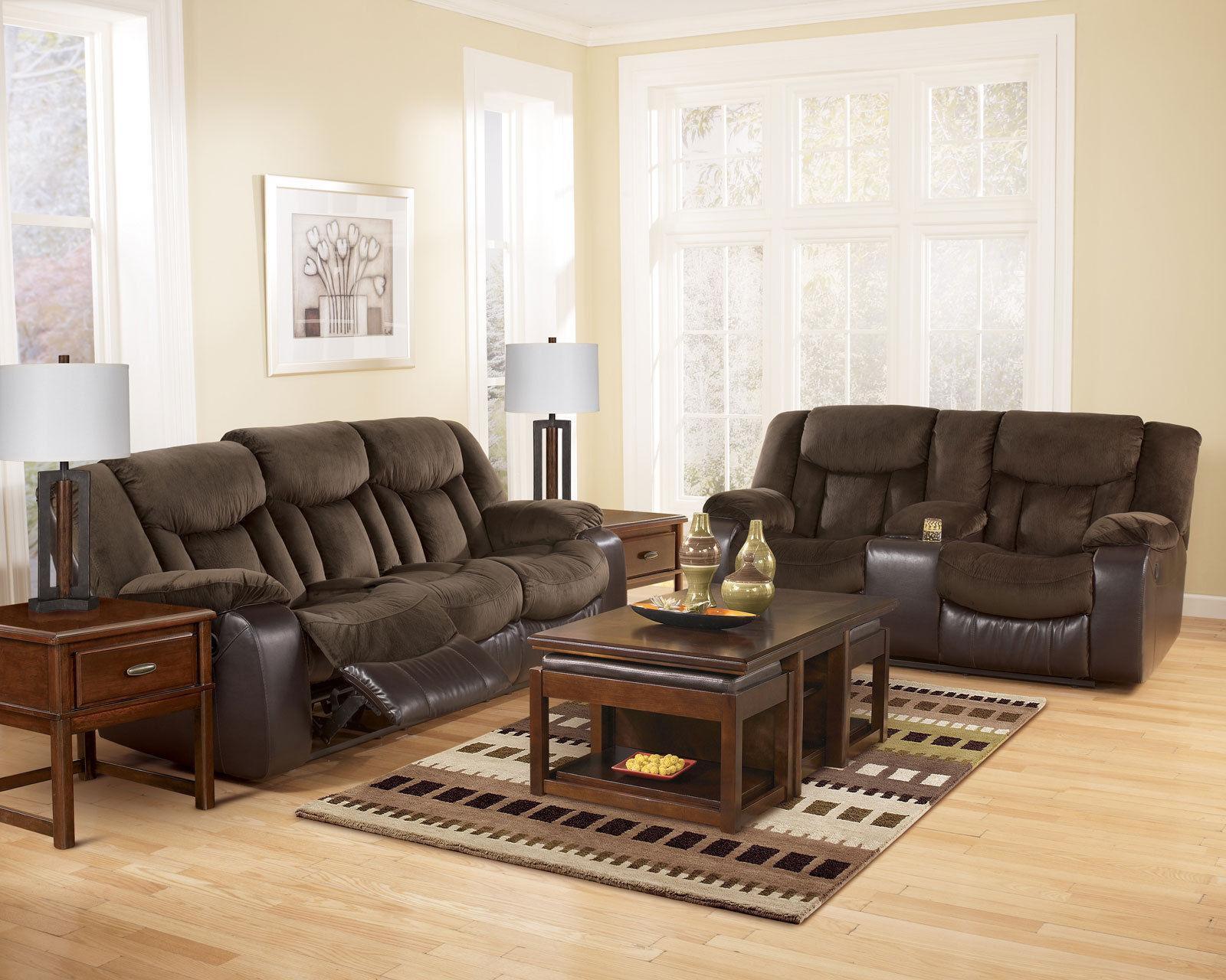 ALLEGRO Living Room Brown Microfiber & Faux Leather Reclining Sofa ...