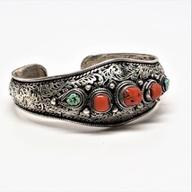 Sterling Asian Chinese Coral Turquoise Cuff bracelet - $185.00