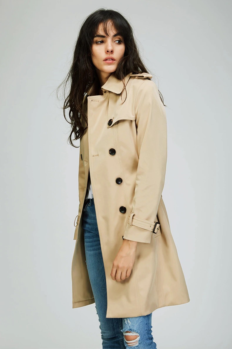 New classy beige double breasted classic midi women trench coat plus size