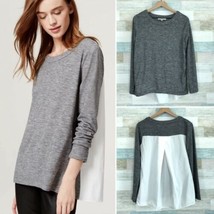 LOFT Mixed Media Sweatshirt Tee Gray White Scoop Neck Long Sleeve Womens XS - $20.78