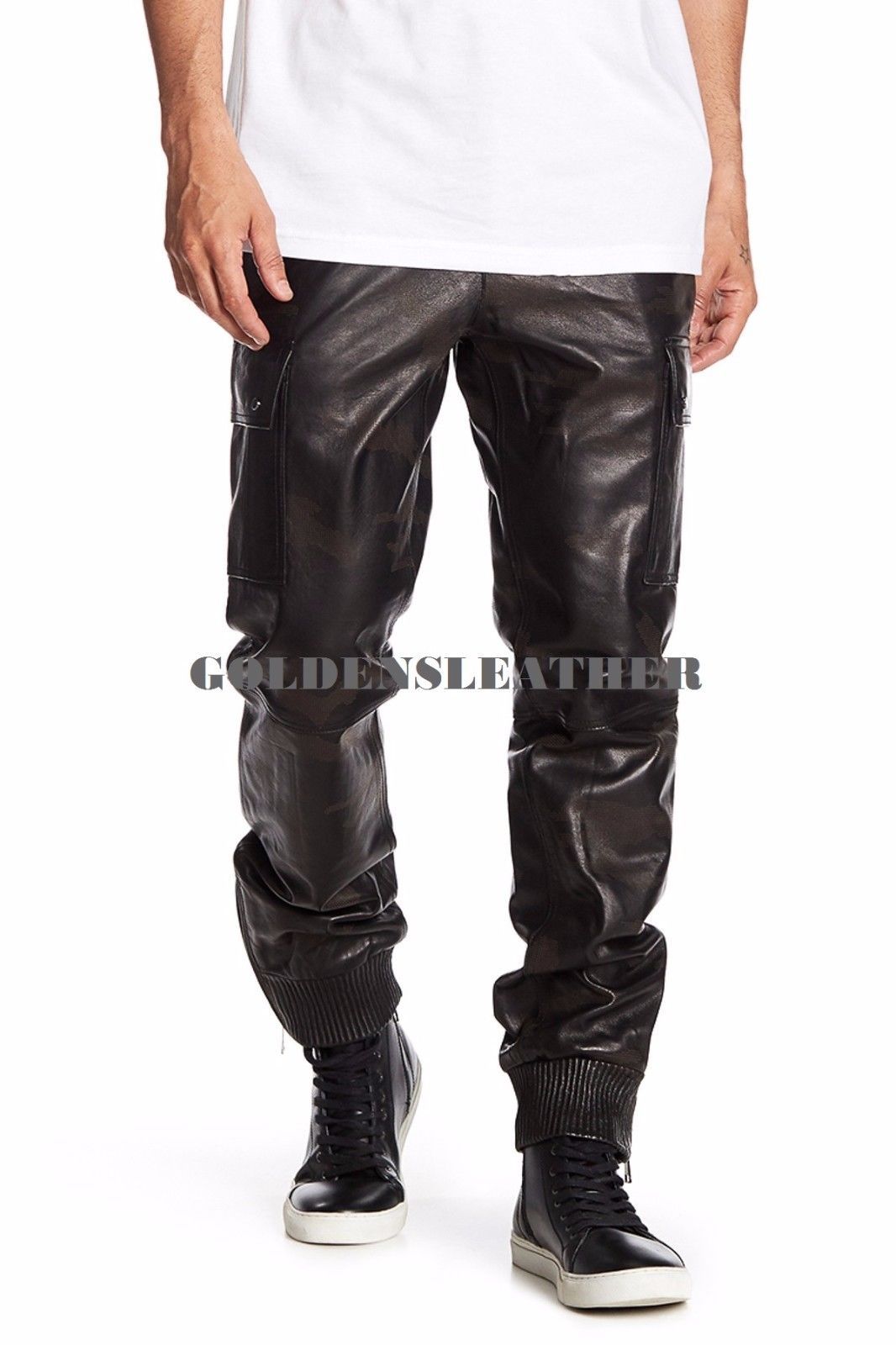 Image of CASUAL MEN LEATHER PANT GENUINE REAL LEATHER TROUSER MEN BIKER LEATHER PANT-US03