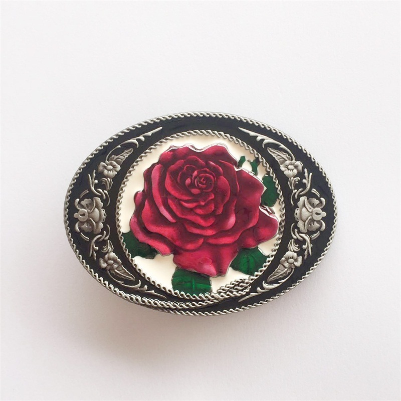 New Vintage Enamel Western Rose Flower Oval Belt Buckle - Belt Buckles