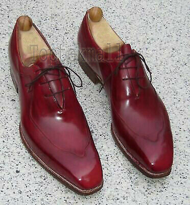 Handmade Men's Leather Oxfords Maroon Plain Toe Party Wear Lace Up Shoes-690