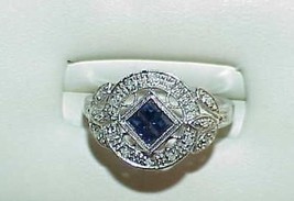 14K .38Ct Sapphire Princess Center Diamond Filigree Flower Ring S7 White... - $841.49