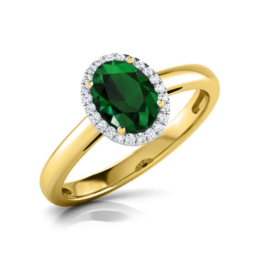 Oval Cut 14k Yellow Gold FN Green Emerald & White Sapphire Engagement Halo Ring