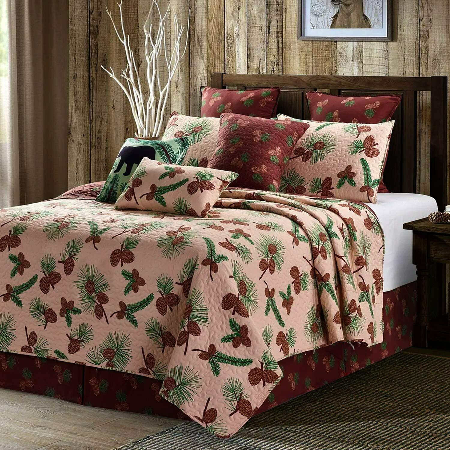 KING Lodge Quilt Set 3pc Forest Pine cone Quilt and Shams Bedding Set