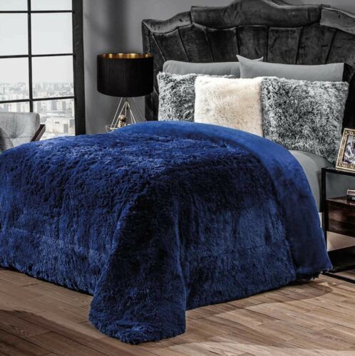 NAVY BLUE PLATINUM SOFT FLANNEL BLANKET WITH FAUX FUR THICK WEDDING WARM KING