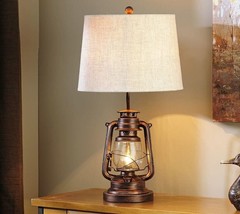 Lantern Table Lamp Dual Lighting  28" H Cream Polyester Lamp Shade Bronzed Iron 
