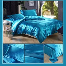 Luxury Teal Mulberry Silk Satin Top Sheet Duvet w/ 2 Pillow Cases 4 Pc Bedding  image 1