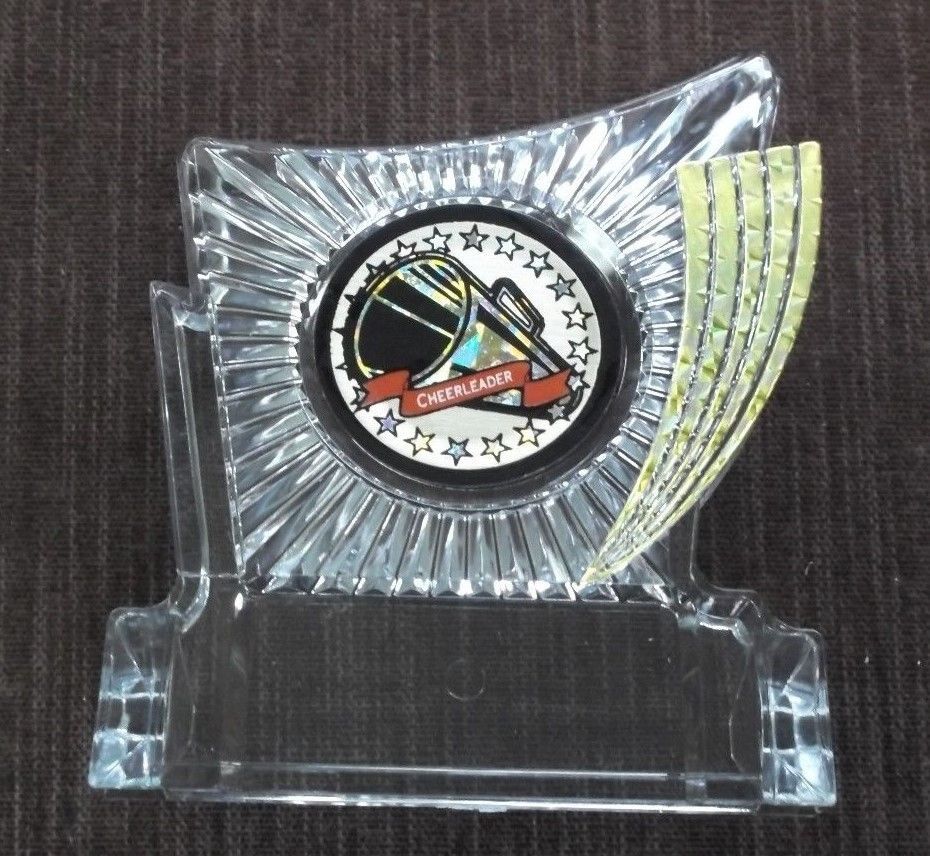CHEERLEADER megaphone trophy clear award full color insert gold trim