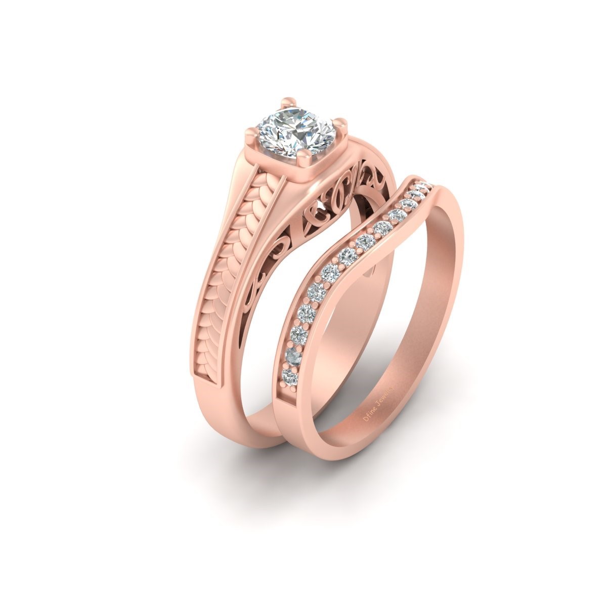 Classic Diamond Filigree Engagement Ring Set Rose Gold Fn Silver Promise Rings