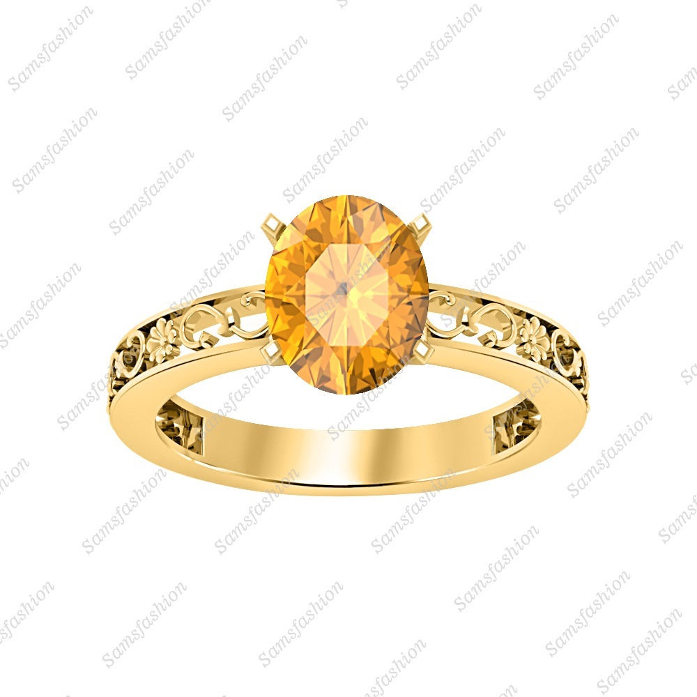 Women's Solitaire Oval Shape Citrine 14k Yellow Gold Over Silver Engagement Ring