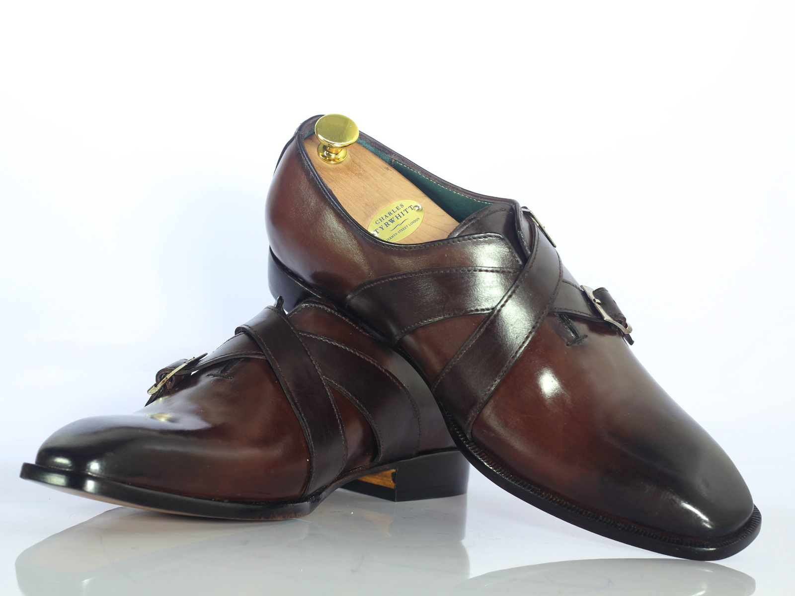 Handmade Men's Brown Double Monk Leather Shoes, Men Designer Dress Shoes