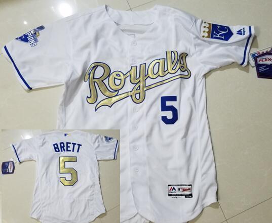 Men's Kansas City Royals #5 George Brett Jersey White WS Champions Gold Sewn On - Baseball-MLB