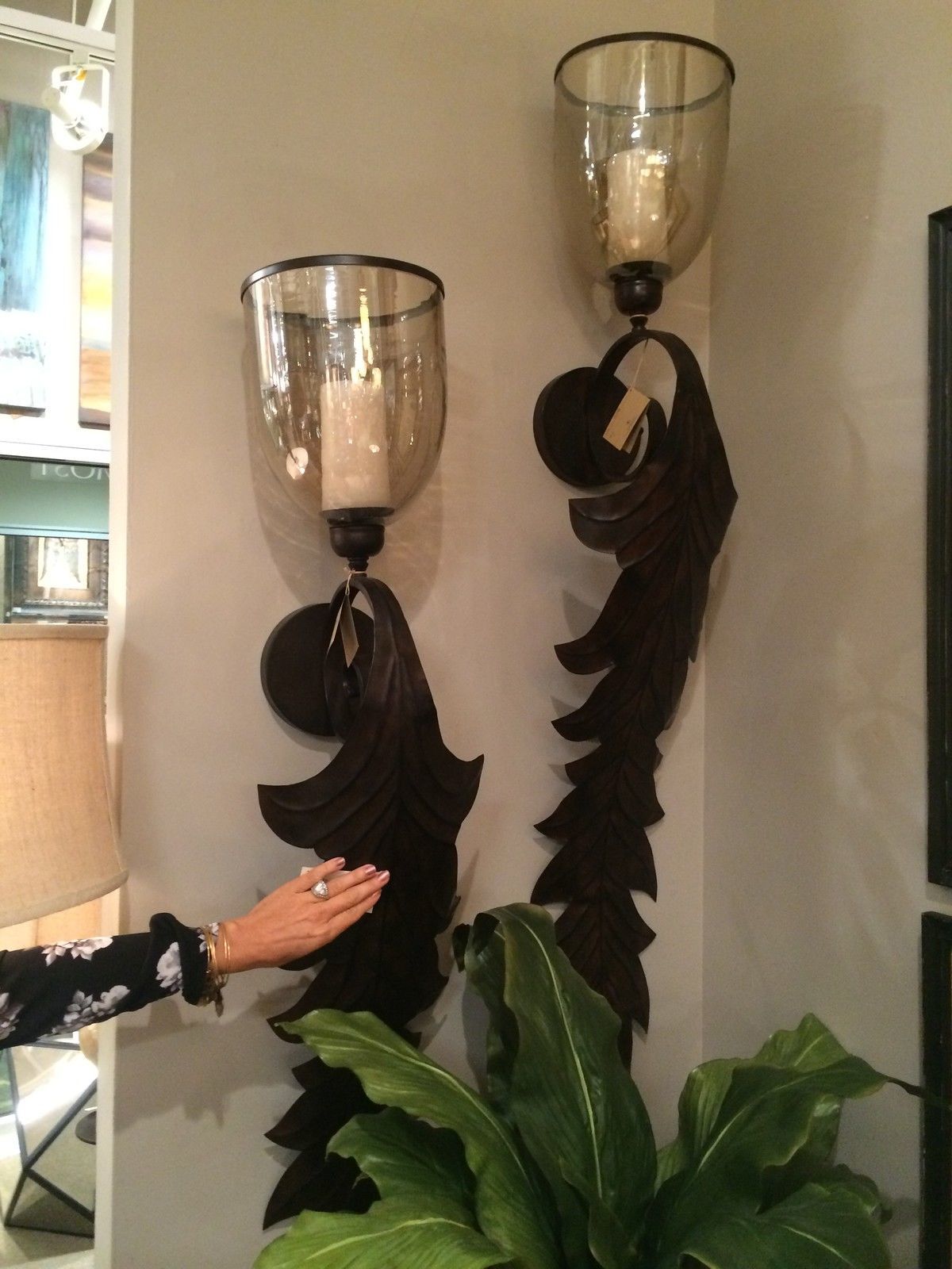 TINELLA XXL 52" BRONZE METAL LEAF GLASS CUP WALL SCONCE CANDLE HOLDER