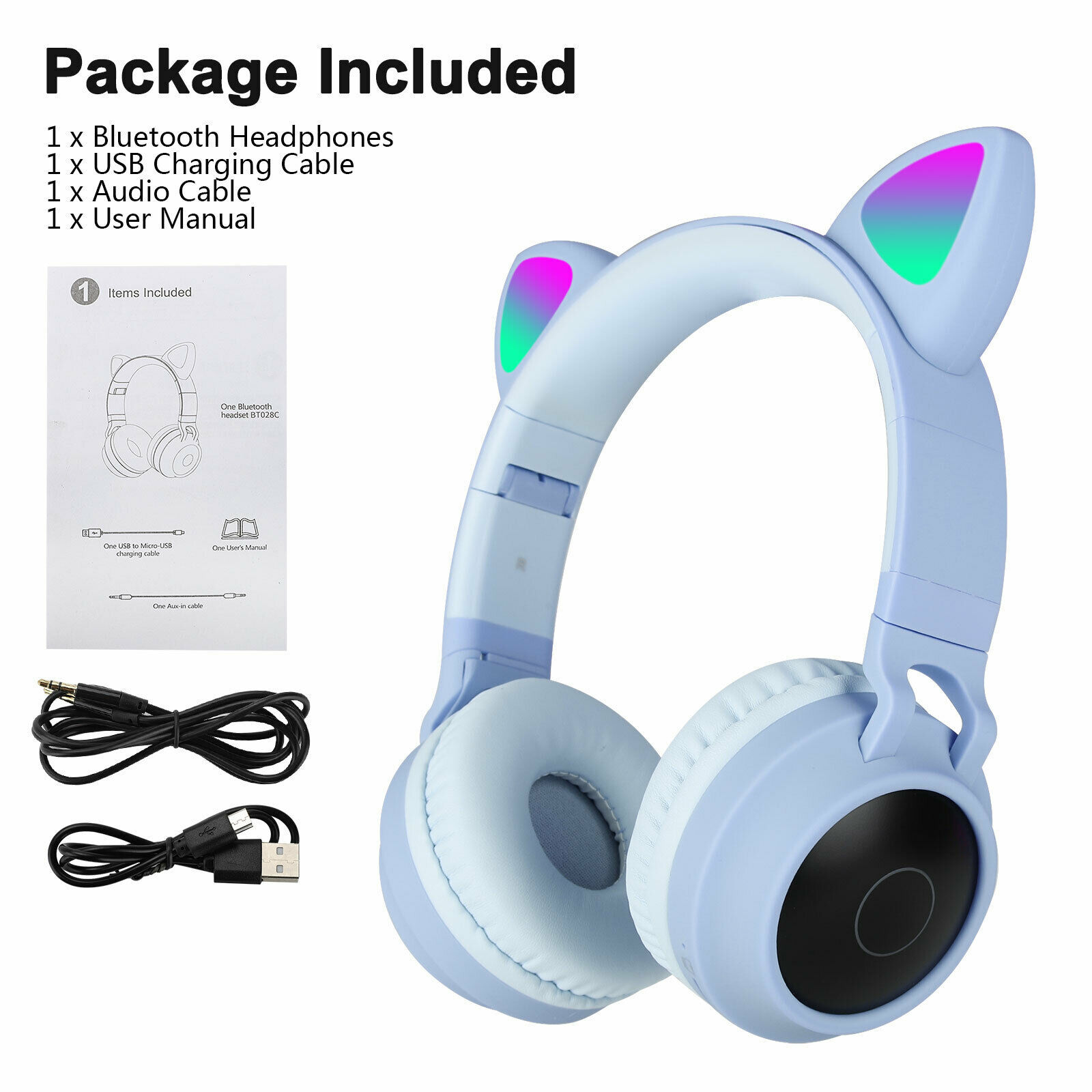 Cute Cat Ear LED Wireless Bluetooth Headset Noise Cancelling Over Ear