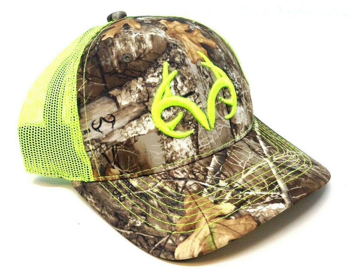 REALTREE HUNTING ANTLER LOGO NEON GREEN & CAMO SNAPBACK MESH TRUCKER ...