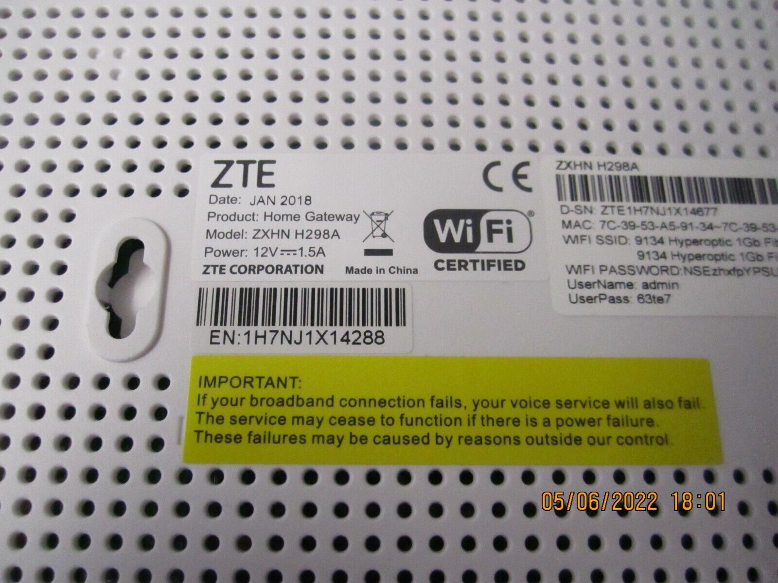 hyperoptic ZTE home gateway Model ZXHN H298A Wireless Routers