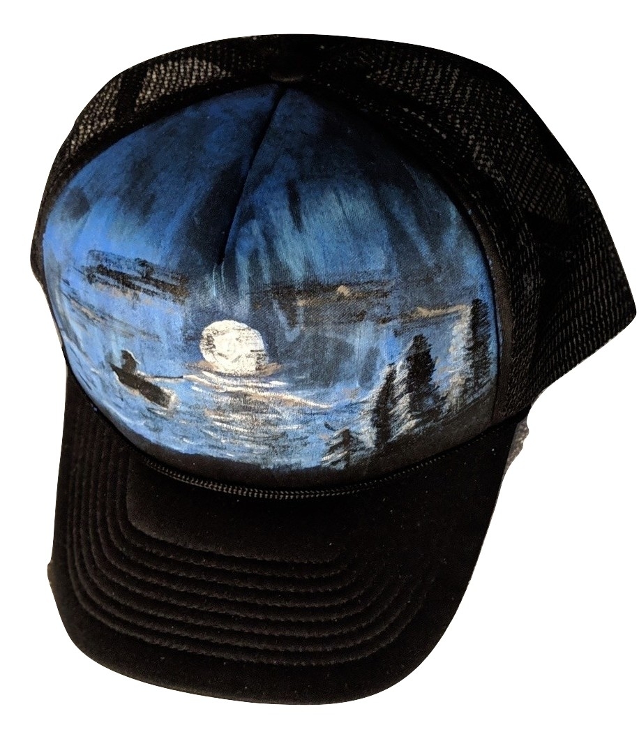 Hand Painted Baseball Hat Unisex Black Truckers Hat Man Fishing Moon