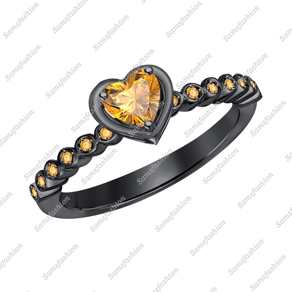 Women's Heart Shaped Citrine 14k Black Gold Over 925 Silver Engagement Band Ring