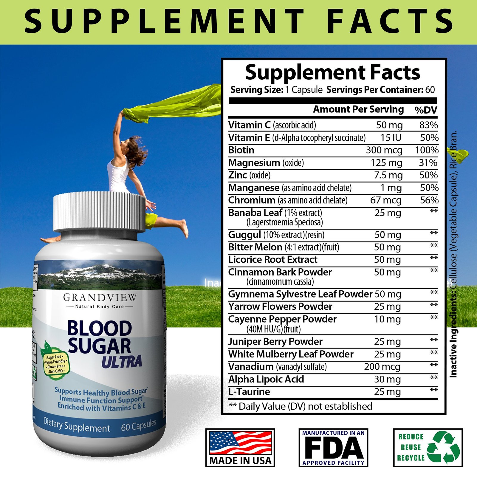 Blood Sugar Ultra Supplement Natural Glucose Control 20 Herbs and