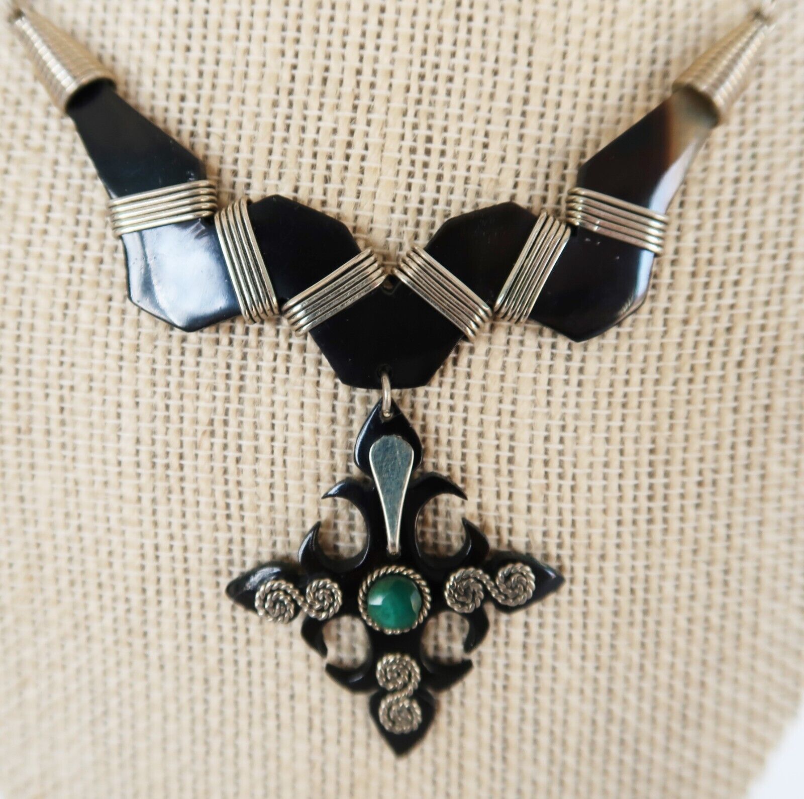 Primary image for Vintage silver tone, black plastic & green cabochon cross necklace