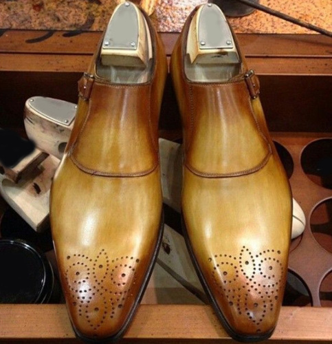 Men's Twotone Monk Brogue Handmade Decent Leather Shoes