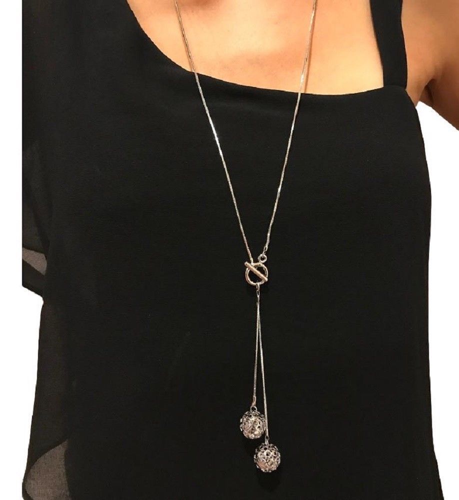 Silver Long Chain Lariat Drop Charm Bar Necklace Jewelry Pendant