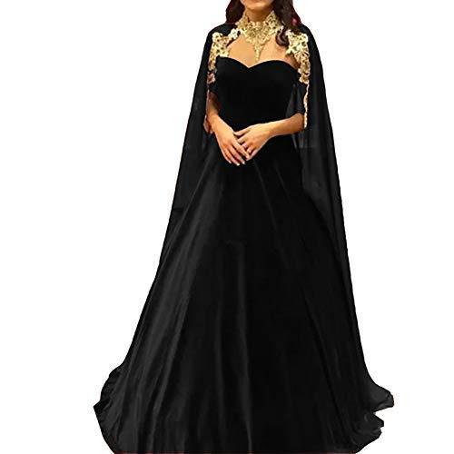 Long Velvet A Line Formal Prom Evening Dresses with Gold Lace Cape Black US 8