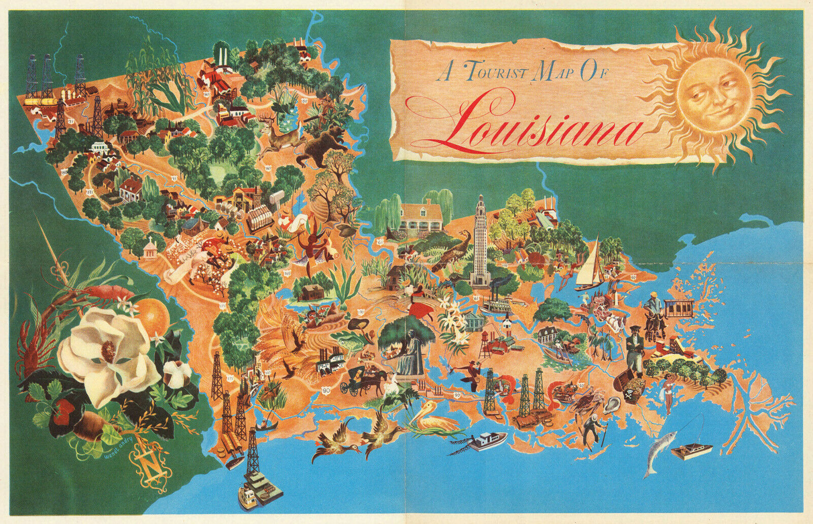 Pictorial Tourist Map Of Louisiana Wall Art Poster Print Artwork Home