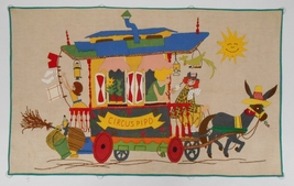 CIRCUS PIPO Vintage Mixed Media Applique Embroidered Art WALL HANGING 22... - $149.95
