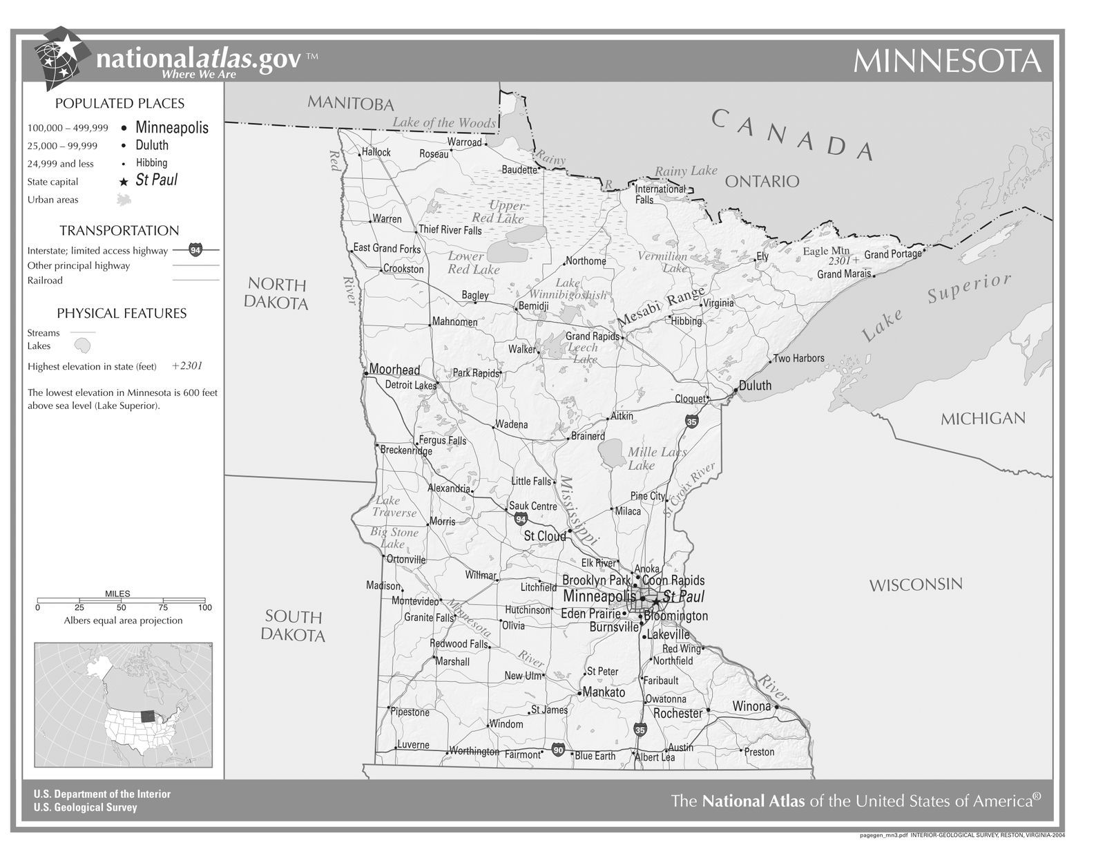 Minnesota State Reference (Black&White) Laminated Wall Map - US