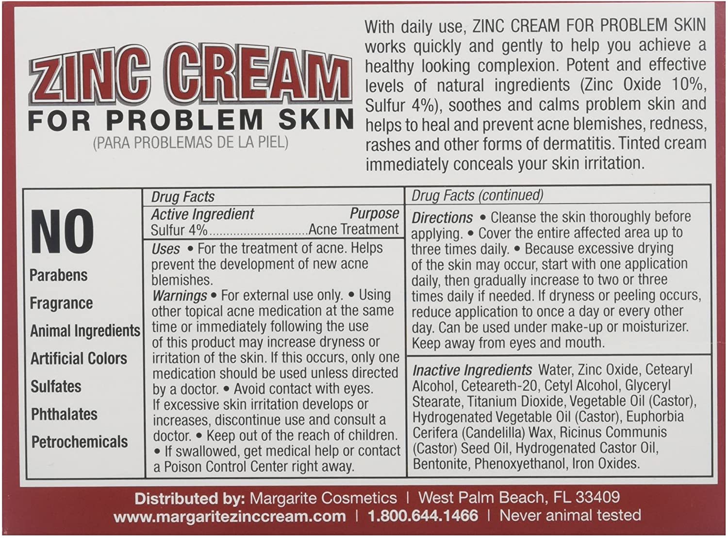 Margarite Zinc Cream 1 oz For Problem Skin Acne Blemishes Redness
