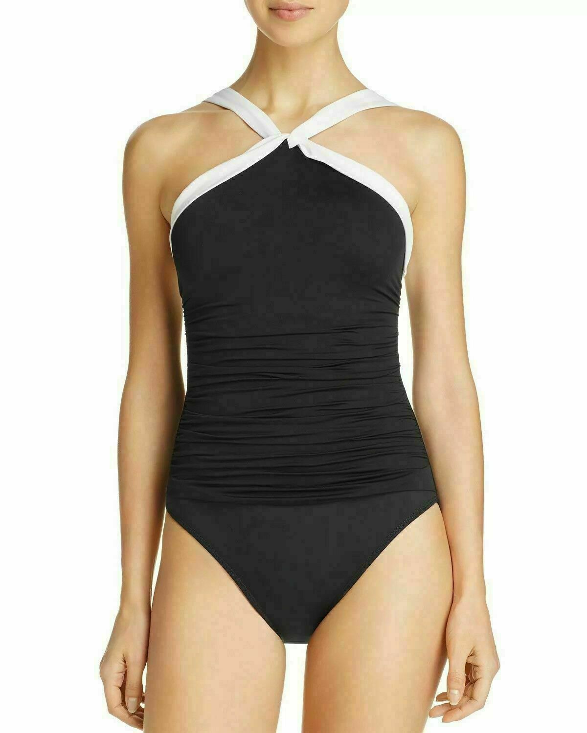 Primary image for LRL Ralph Lauren Beach High Neck One Piece Swimsuit Size 14 Black Slimming New