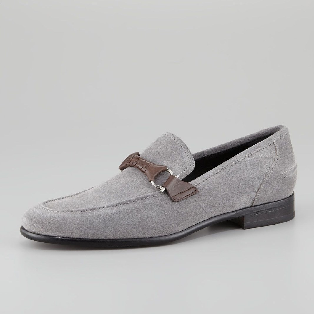 New  Men Gray Suede Leather Brown Buckle Loafer Moccasin Handmade Shoes 2019