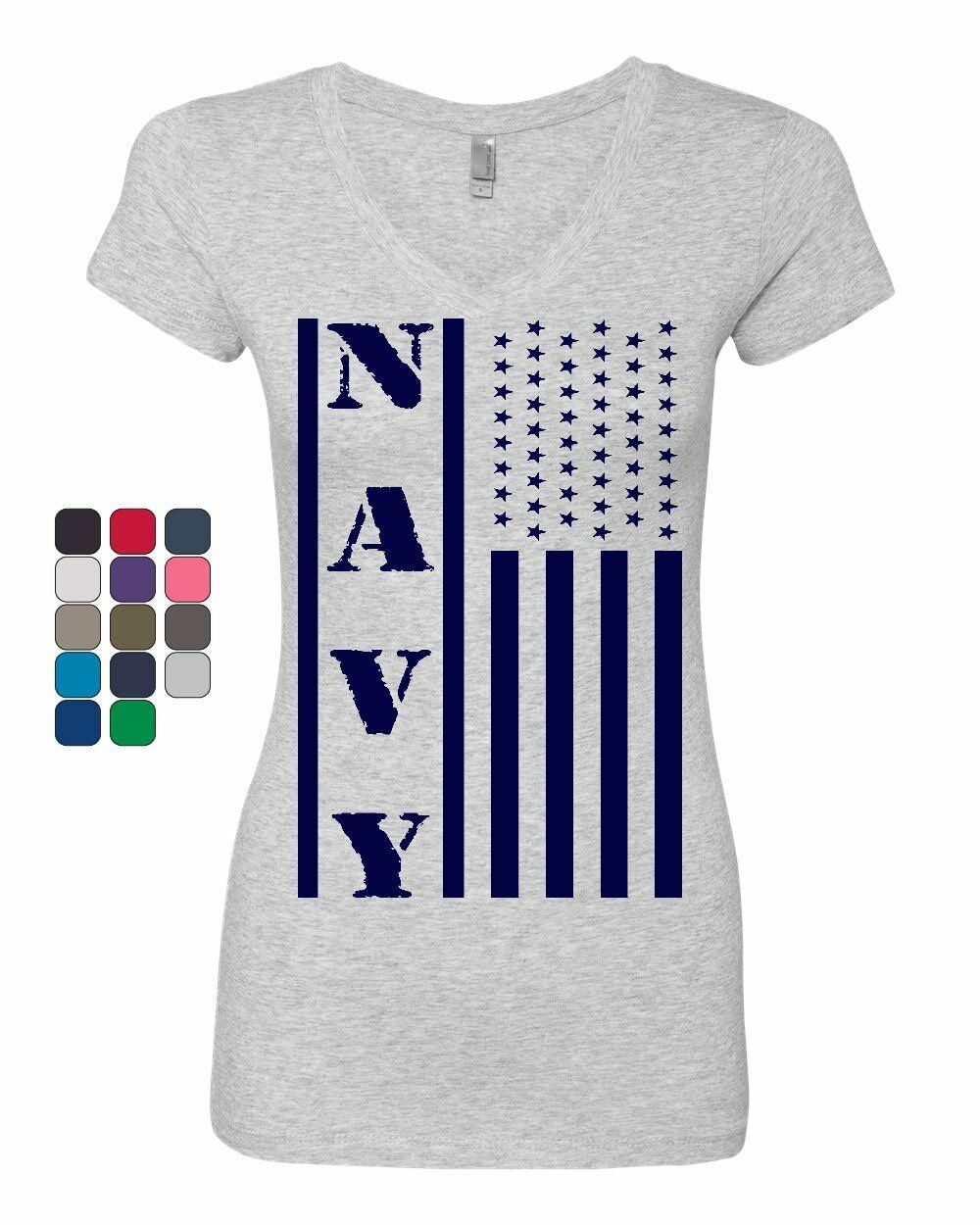 Navy American Flag Women's V-Neck T-Shirt Patriotic Stars and Stripes Military