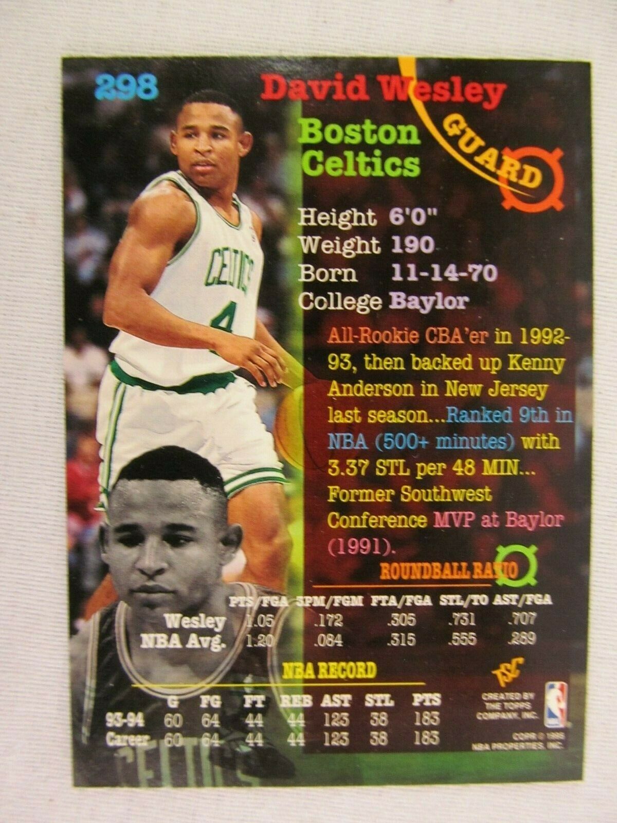 David Wesley Boston Celtics 1995 Topps Basketball Card Number 298 ...